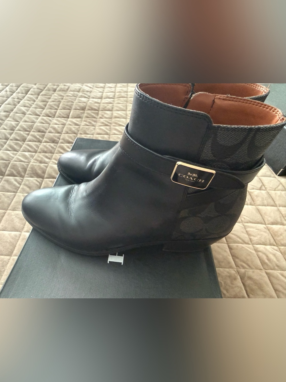 Coach Black Leather & Signature Canvas Ankle Booties with Gold Plaque